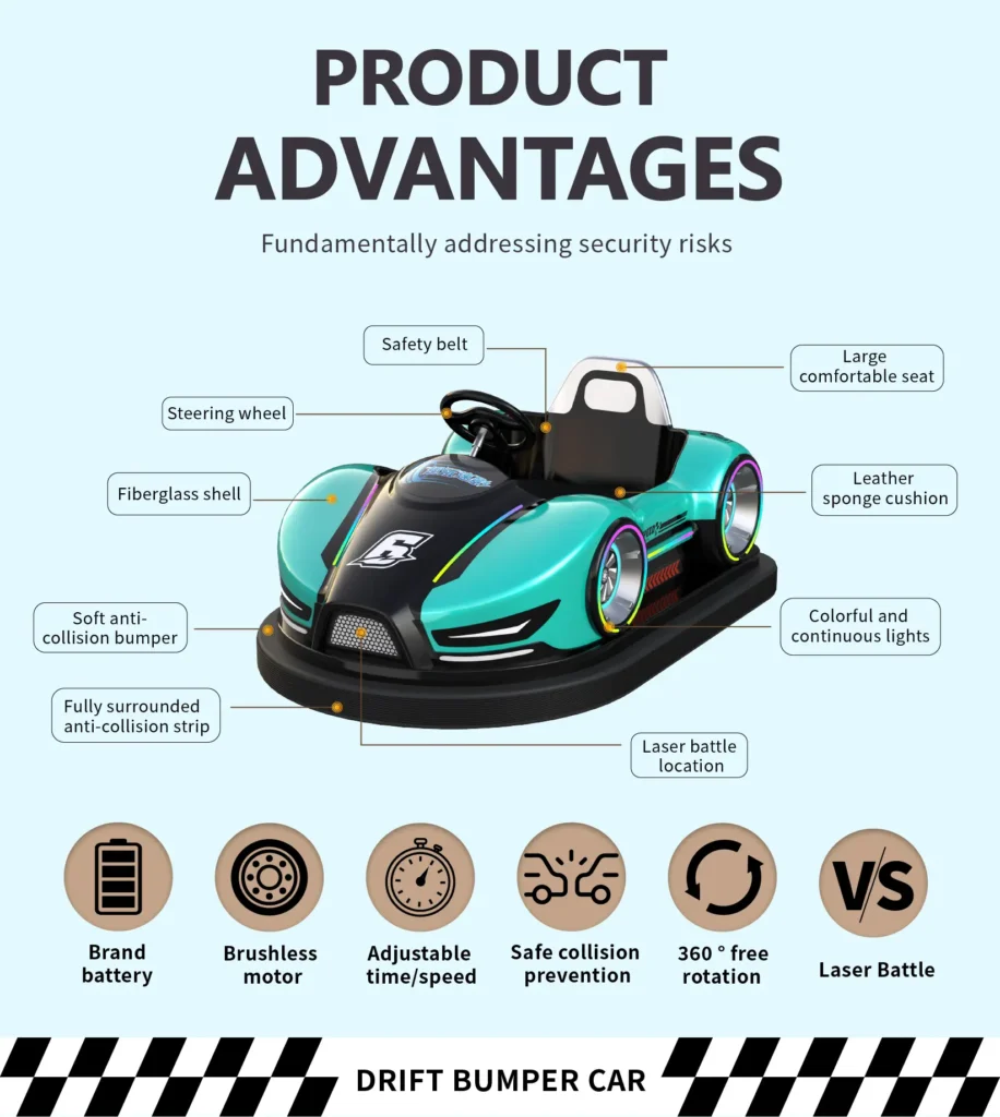 Amusement bumper cars for kids with fiberglass anti-collision body and interactive play features