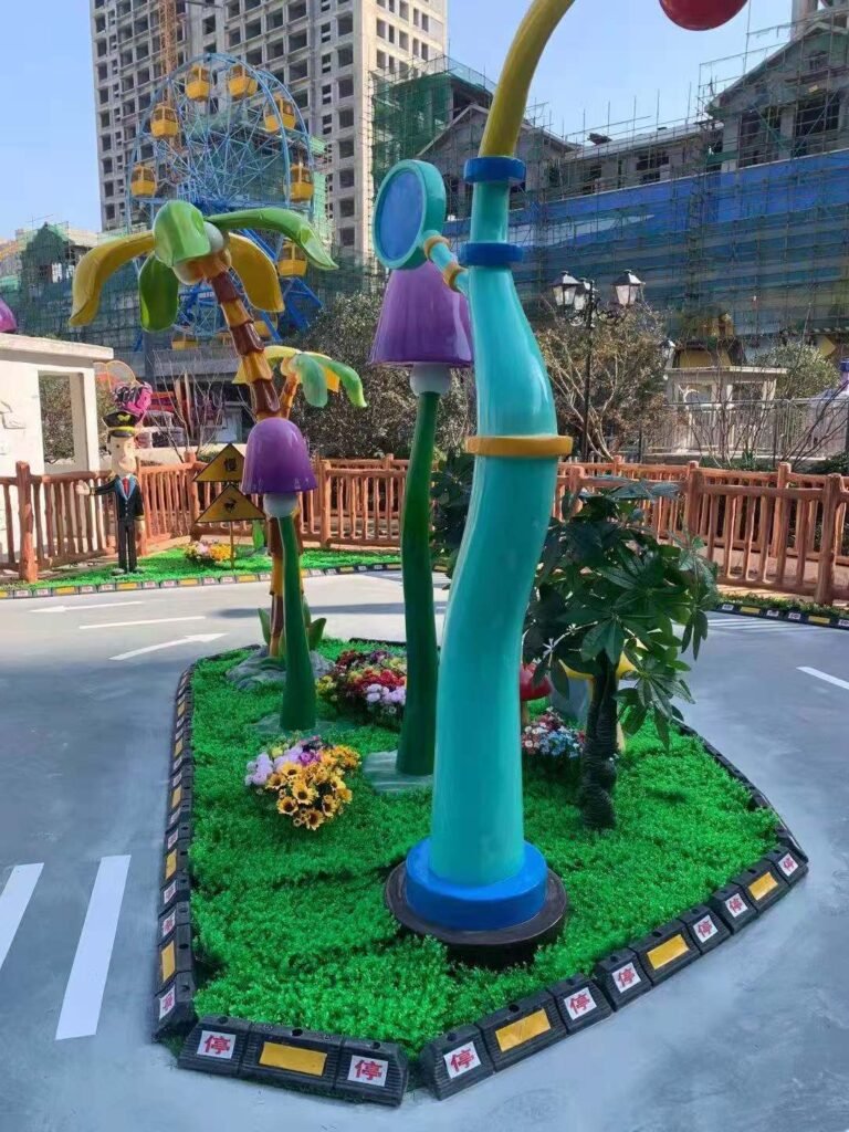 Adventure-themed fiberglass EV for kids in outdoor traffic park