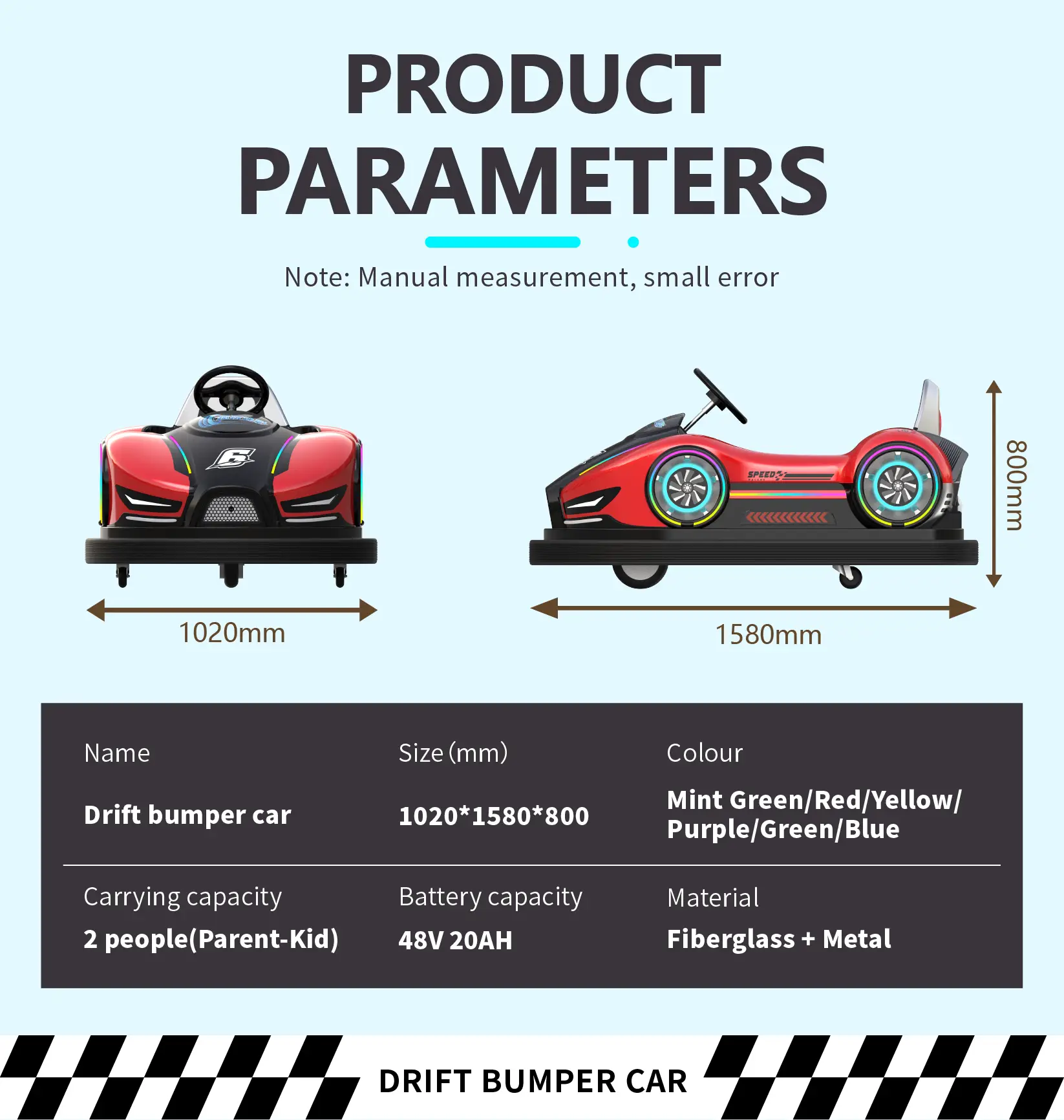 Red electric bumper car for kids with fiberglass body, waterproof and anti-collision features