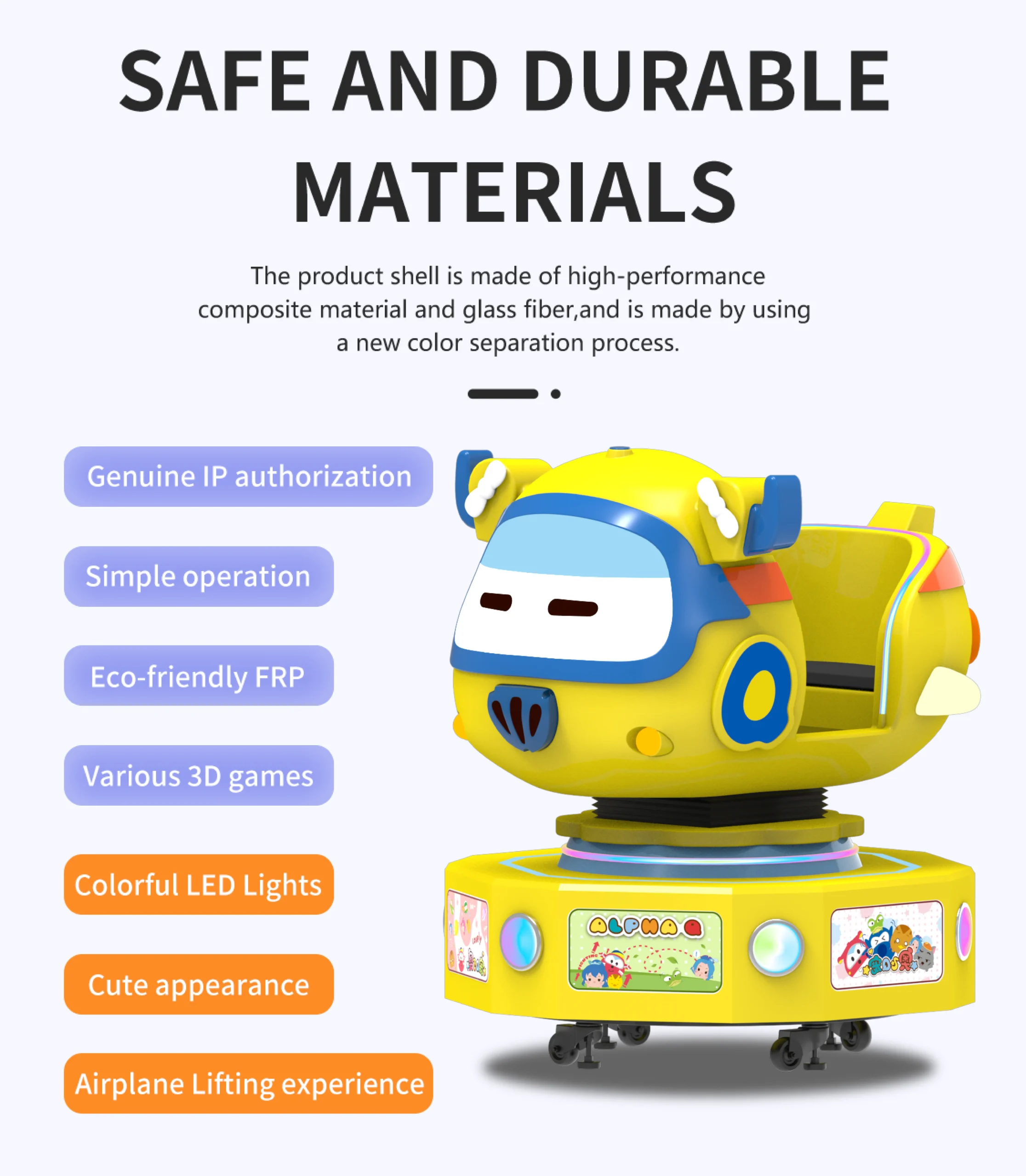 Yellow fiberglass ride-on rocker kiddie ride with safety design for OEM wholesale amusement suppliers
