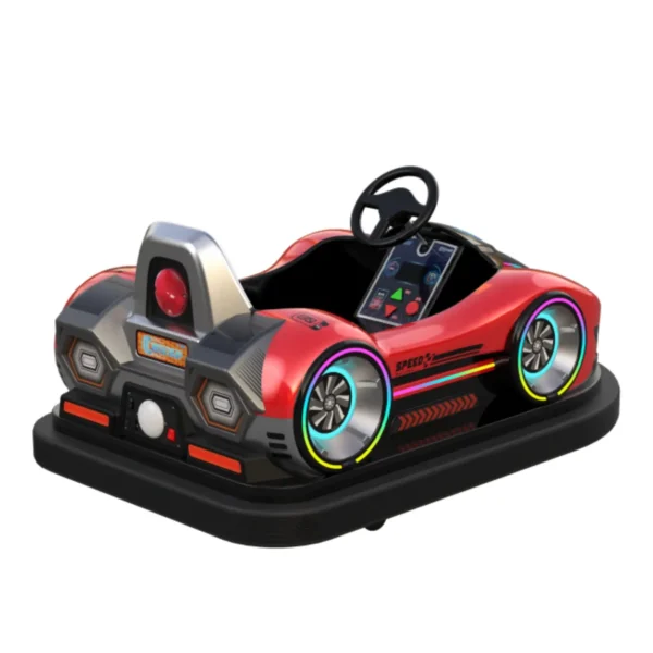 Red amusement bumper cars lined up in a theme park arena
