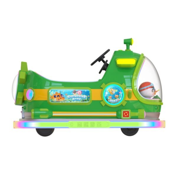 Kiddie bumper cars with submarine body design, fiberglass material, and LED lights